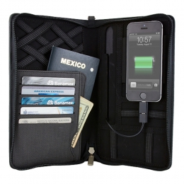 Porta pasaporte cargador reis M80520 bateria auxiliar celular cable adaptador micro usb 4000 mAh guarda documentos viaje promocional mayoreo regalo ejecutivo impresión serigrafia
