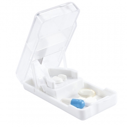 Pastillero con corta pastillas cristal PT2100 guarda pastillas estuche circular plástico 2 compartimentos salud higiene promocional mayoreo regalo ejecutivo impresión serigrafia